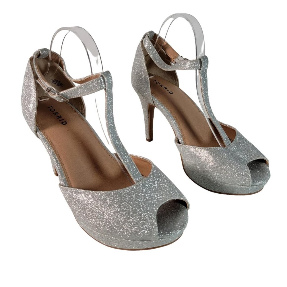Torrid Silver Glitter T-Strap Peep-Toe Heels